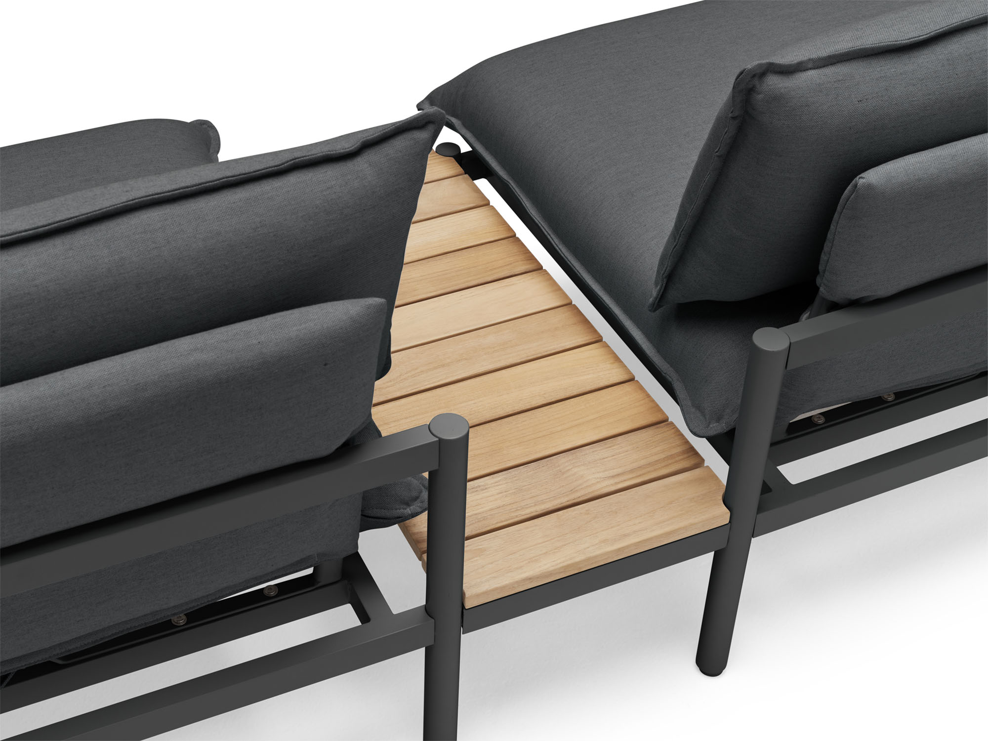 Back angle view of wood and black small outdoor end table